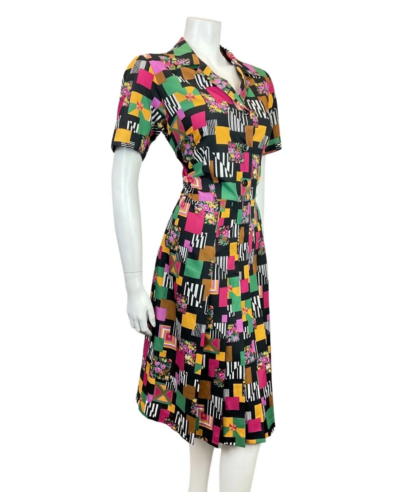 VINTAGE 60s 70s BLACK PINK YELLOW GREEN GEOMETRIC STRIPED FLORAL SHIRT DRESS 14