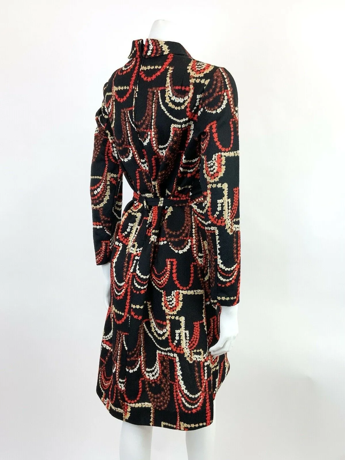 VINTAGE 60s 70s BLACK RED CREAM BROWN DAISY CHAIN PSYCHEDELIC SWING DRESS 14 16