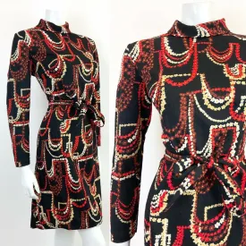 VINTAGE 60s 70s BLACK RED CREAM BROWN DAISY CHAIN PSYCHEDELIC SWING DRESS 14 16