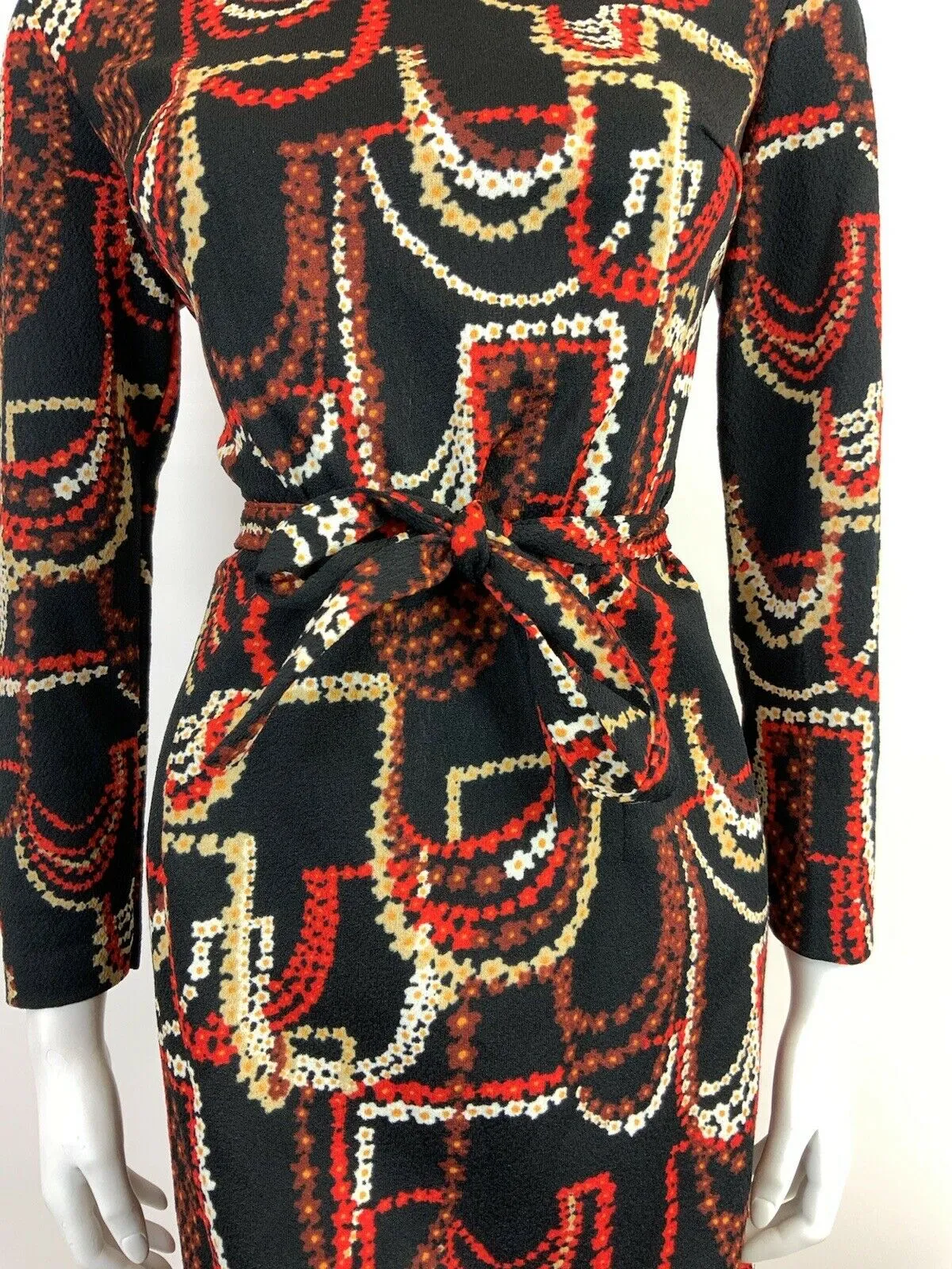 VINTAGE 60s 70s BLACK RED CREAM BROWN DAISY CHAIN PSYCHEDELIC SWING DRESS 14 16