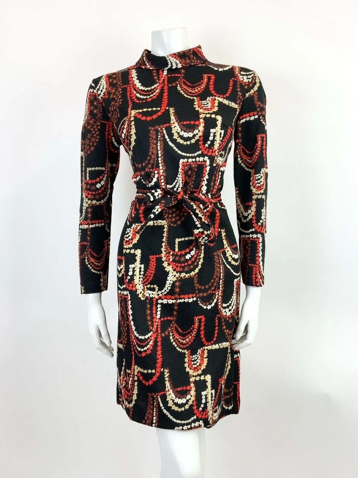 VINTAGE 60s 70s BLACK RED CREAM BROWN DAISY CHAIN PSYCHEDELIC SWING DRESS 14 16