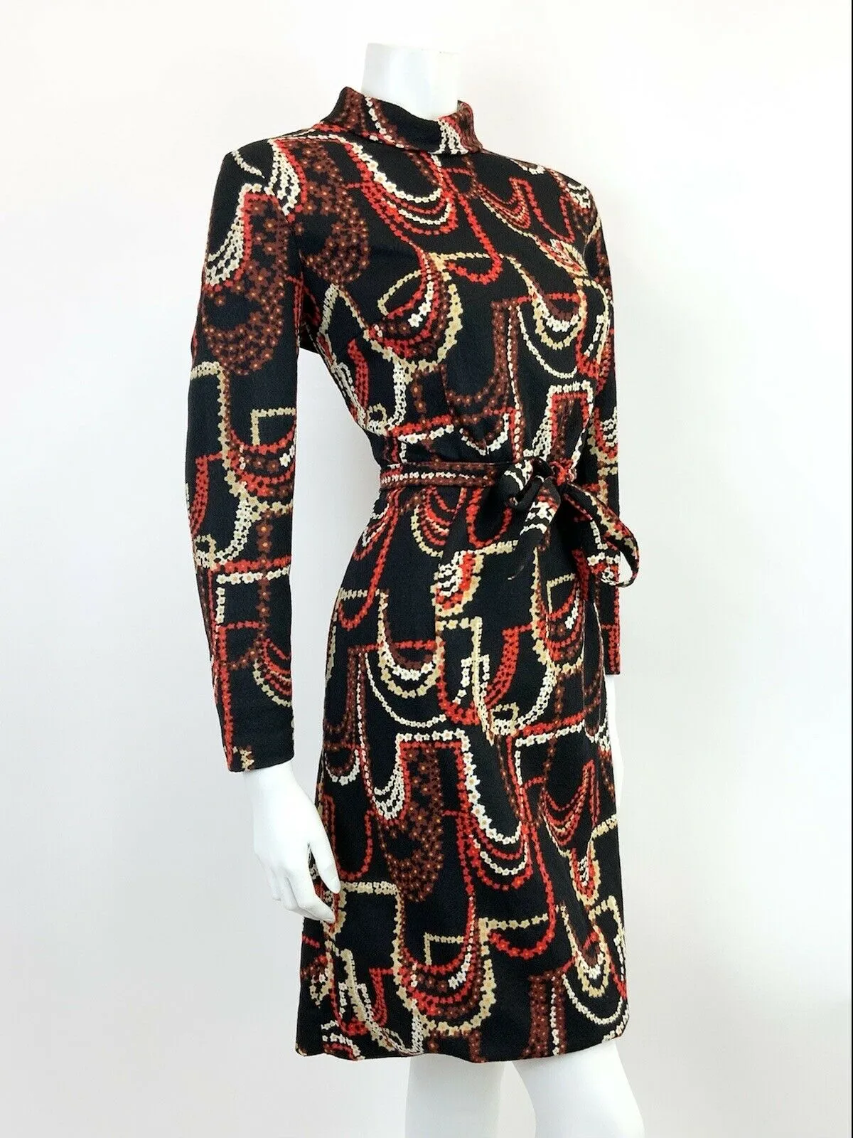 VINTAGE 60s 70s BLACK RED CREAM BROWN DAISY CHAIN PSYCHEDELIC SWING DRESS 14 16