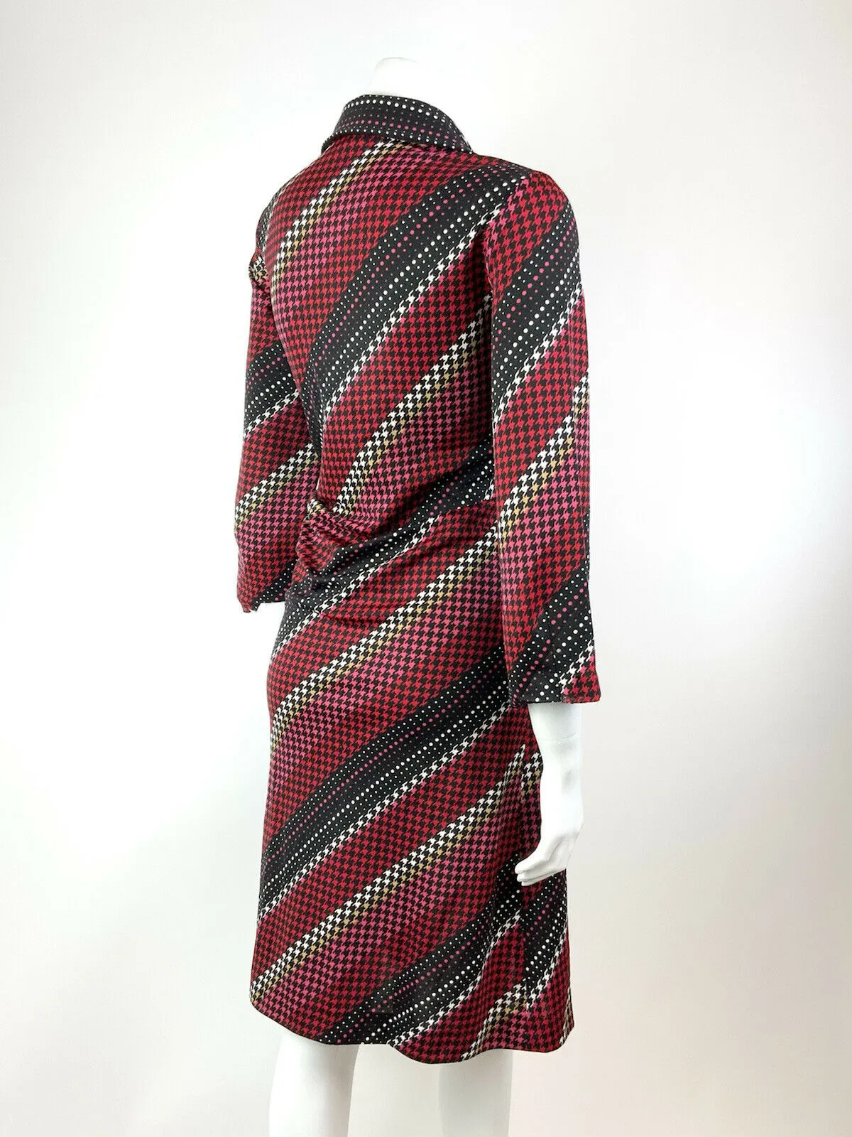 VINTAGE 60s 70s BLACK RED PINK WHITE GEOMETRIC HOUNDSTOOTH DAGGER SHIRT 14 16