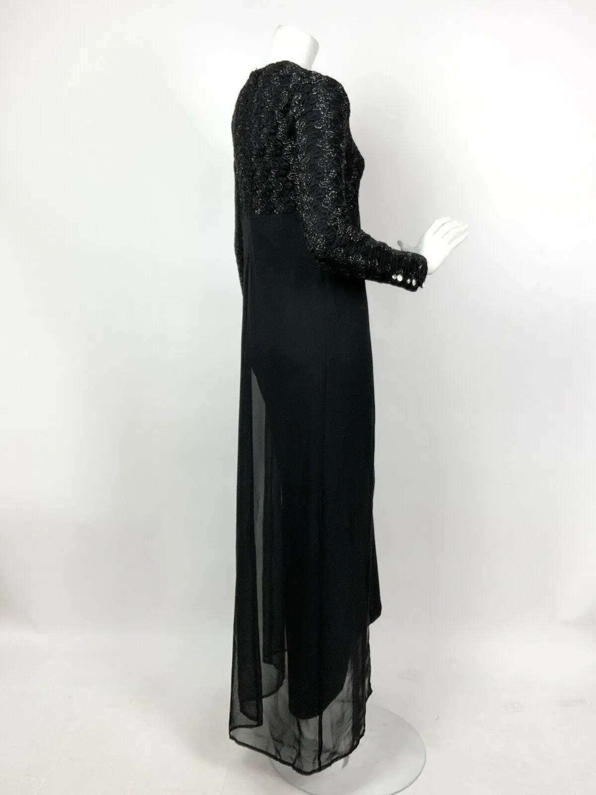 VINTAGE 60s 70s BLACK SILVER WAVY LACE DIAMANTE SHEER SPLIT MAXI DRESS 8 10