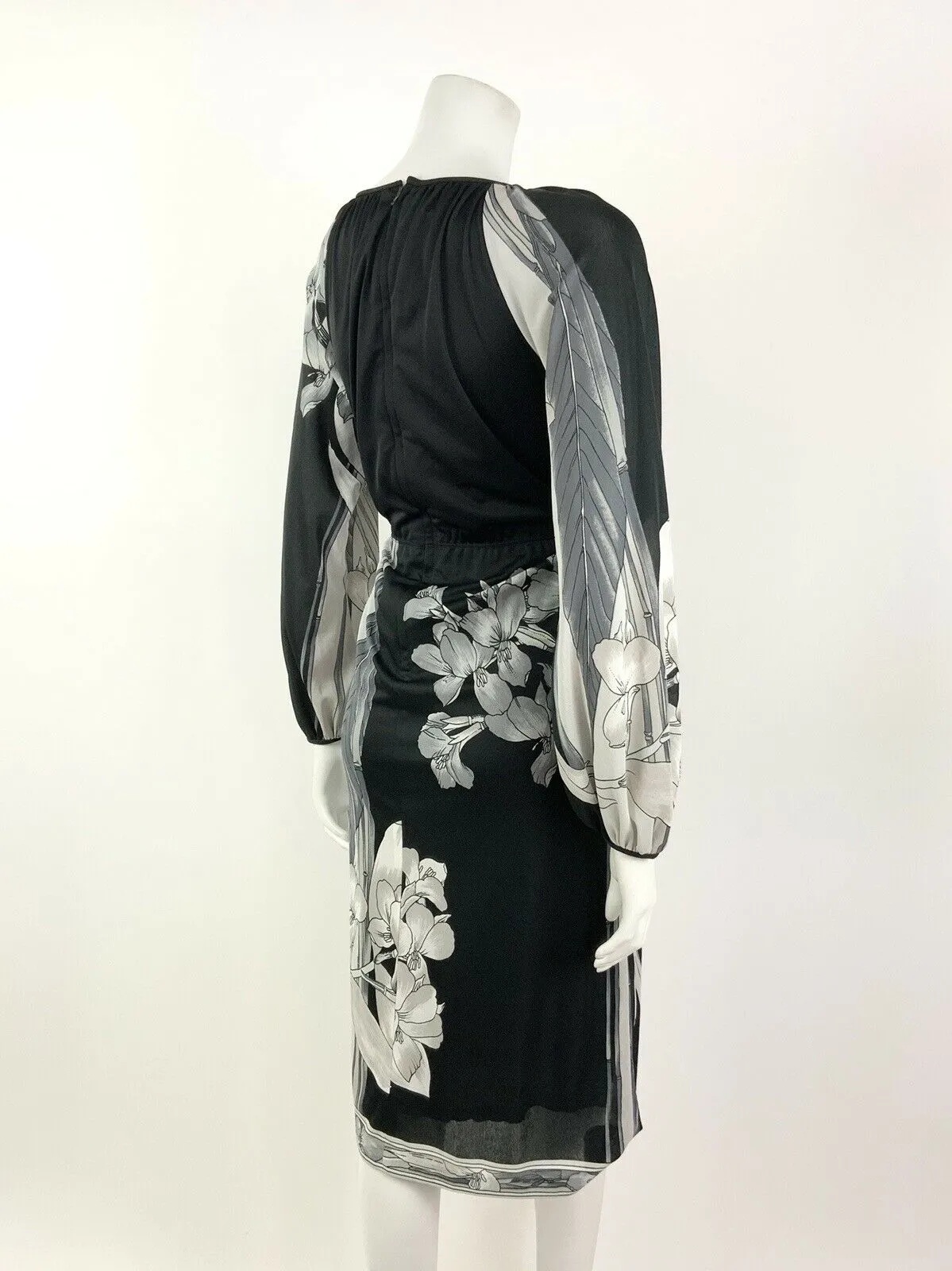 VINTAGE 60s 70s BLACK SILVER WHITE FLORAL LEAFY BOHO MIDI DRESS 8