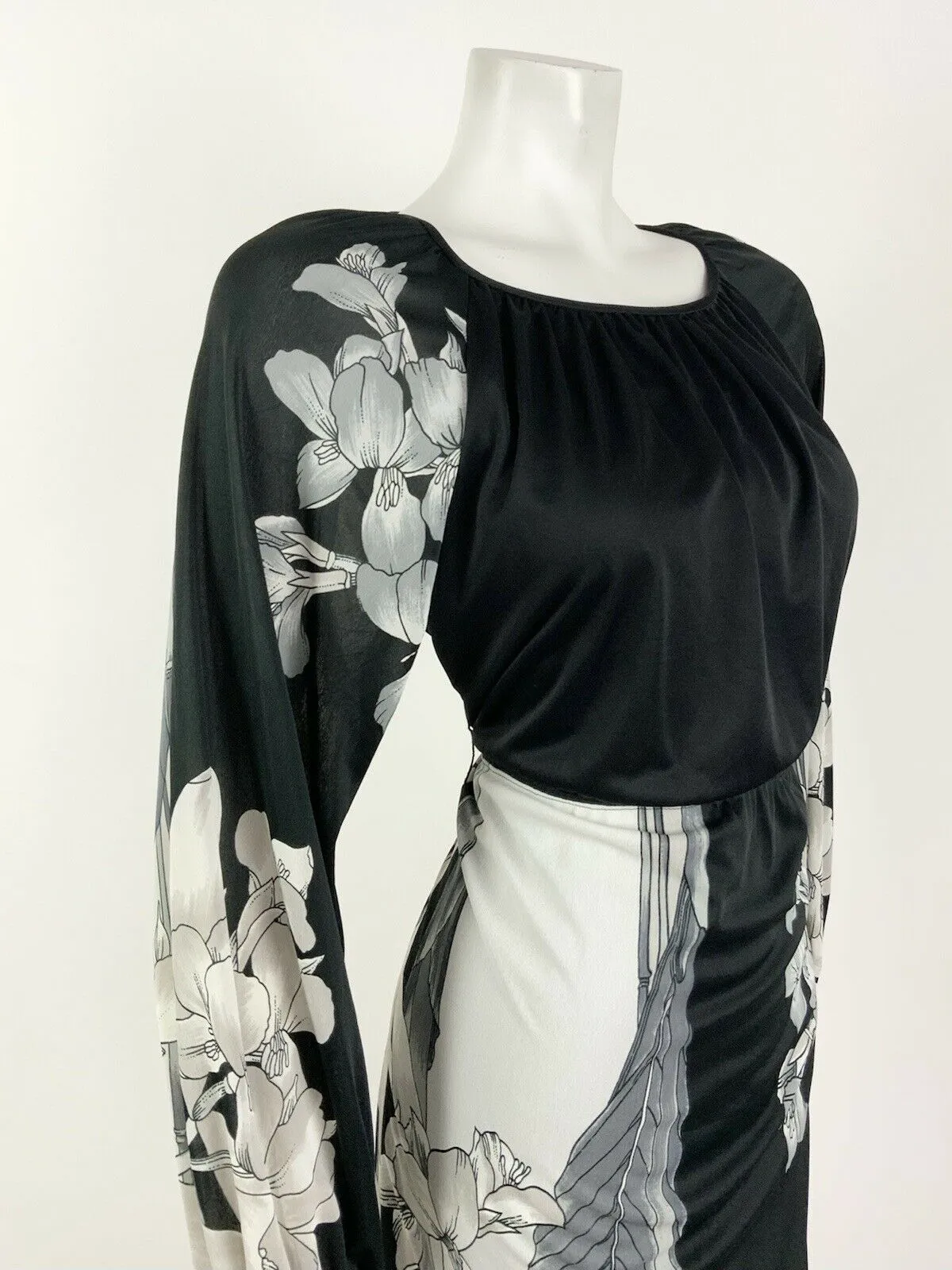 VINTAGE 60s 70s BLACK SILVER WHITE FLORAL LEAFY BOHO MIDI DRESS 8