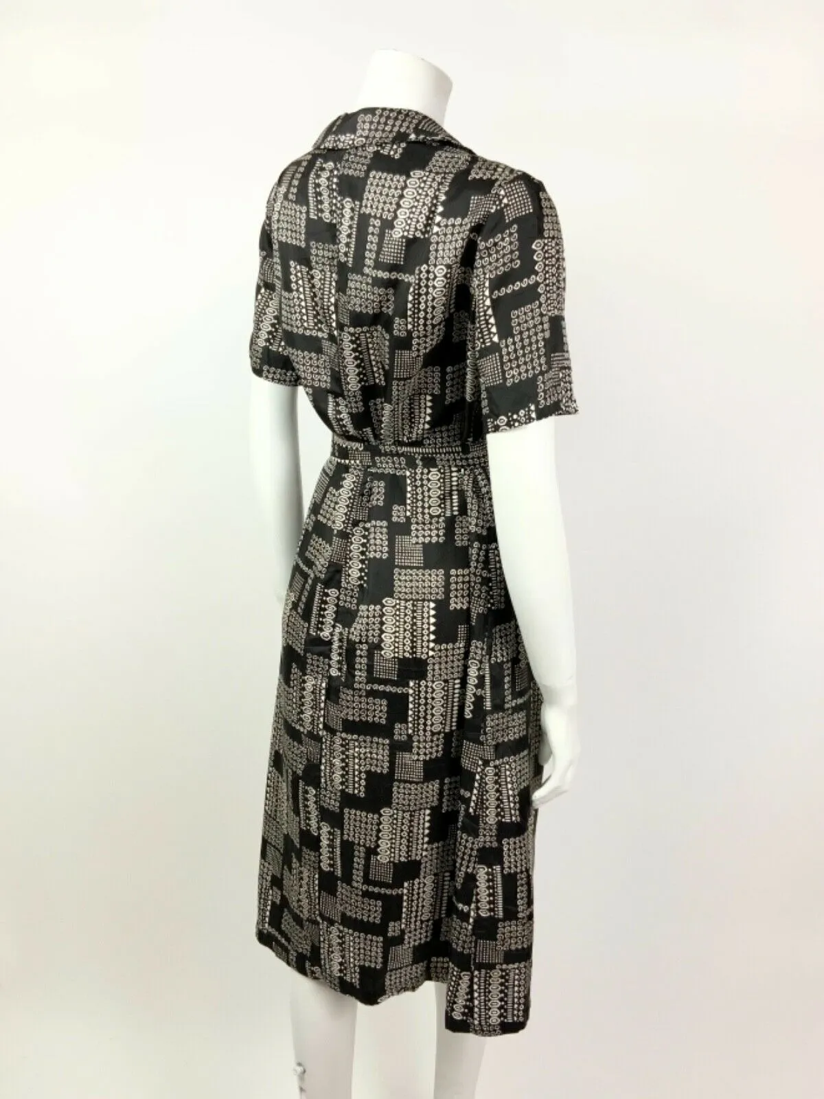 VINTAGE 60s 70s BLACK WHITE GEOMETRIC SWIRL DOTTY BELTED SHIRT DRESS 14 16