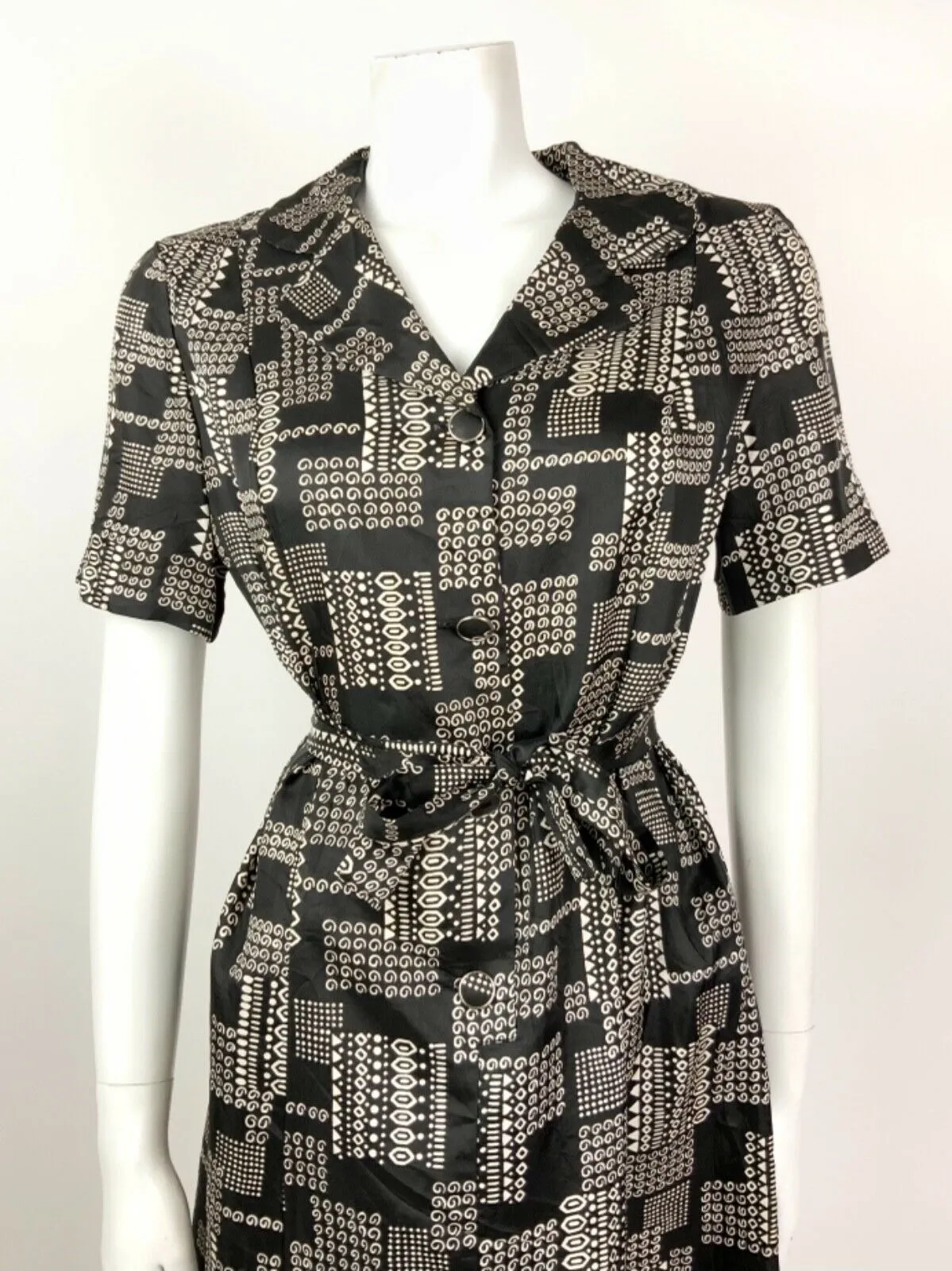 VINTAGE 60s 70s BLACK WHITE GEOMETRIC SWIRL DOTTY BELTED SHIRT DRESS 14 16