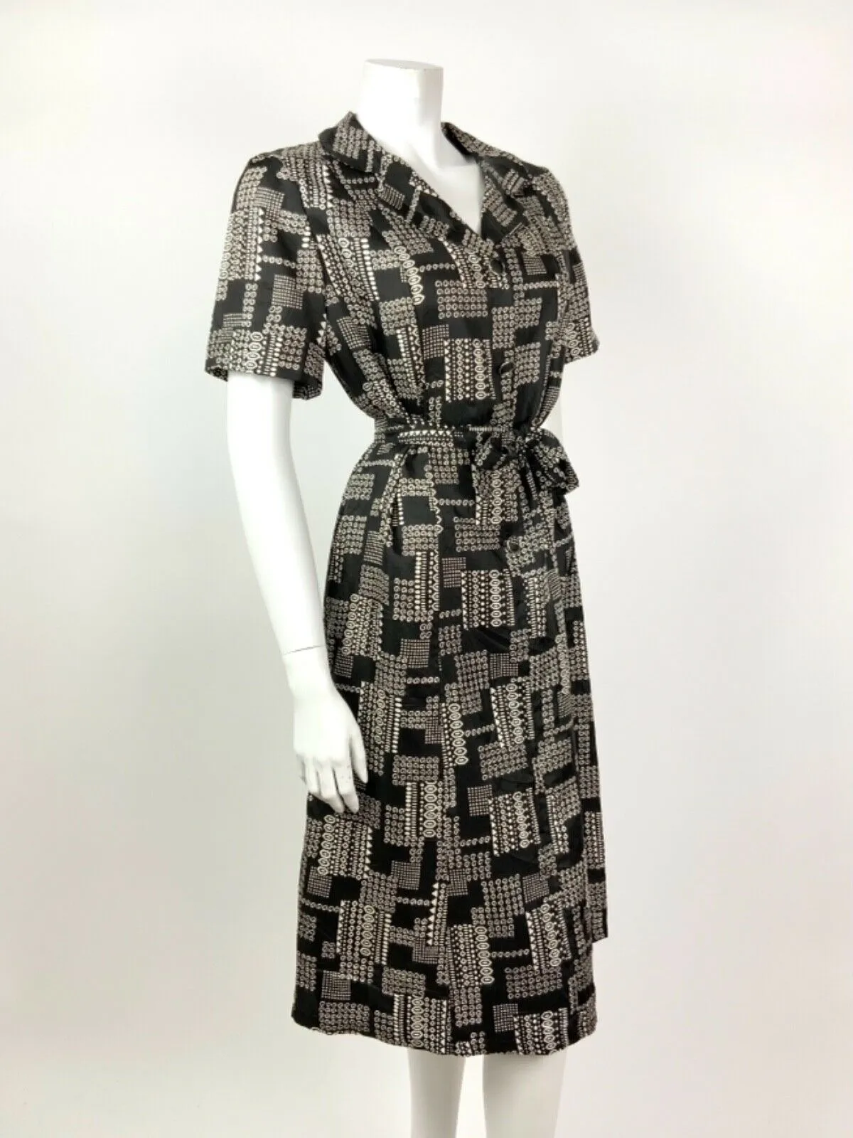 VINTAGE 60s 70s BLACK WHITE GEOMETRIC SWIRL DOTTY BELTED SHIRT DRESS 14 16