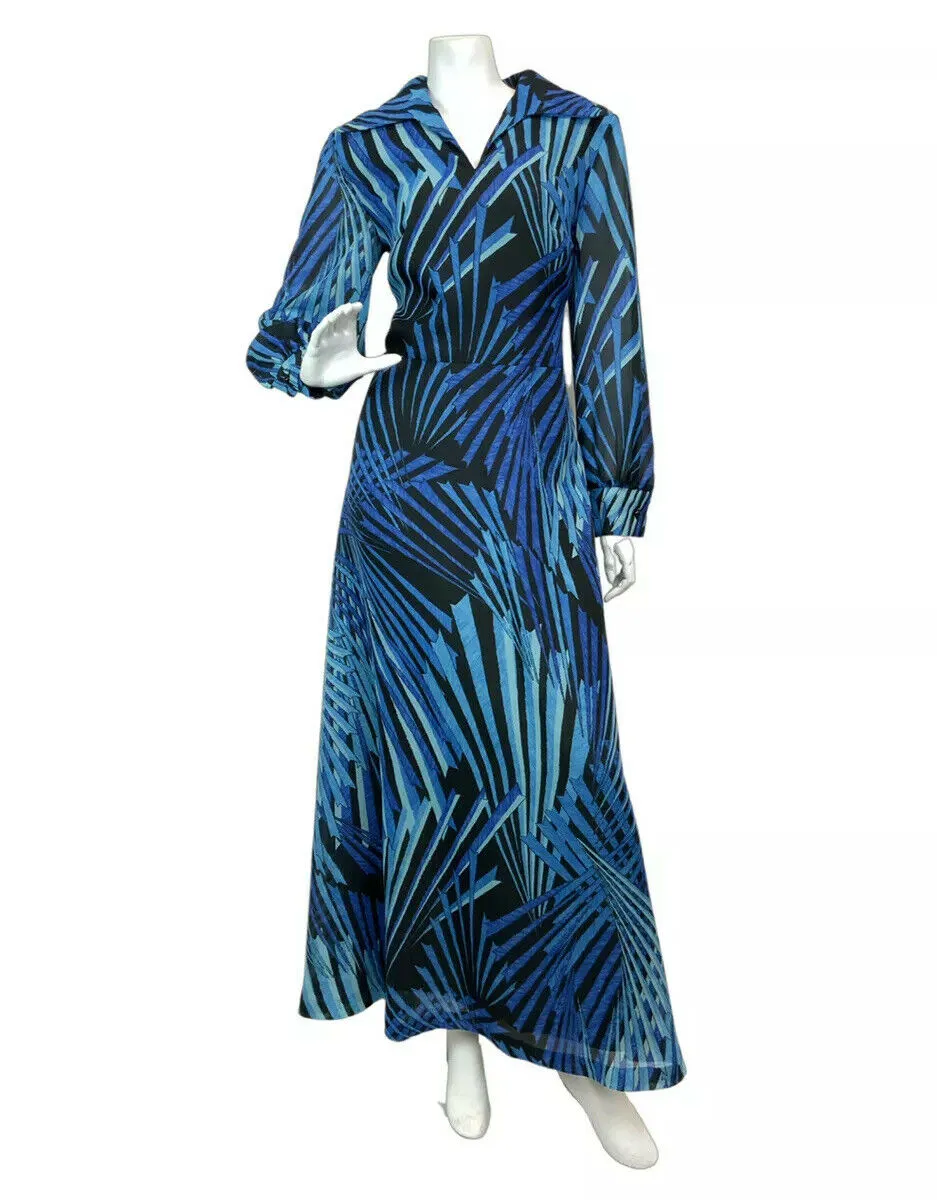 VINTAGE 60s 70s BLUE BLACK GEOMETRIC PALM PSYCHEDELIC SHEER DAGGER MAXI DRESS 14