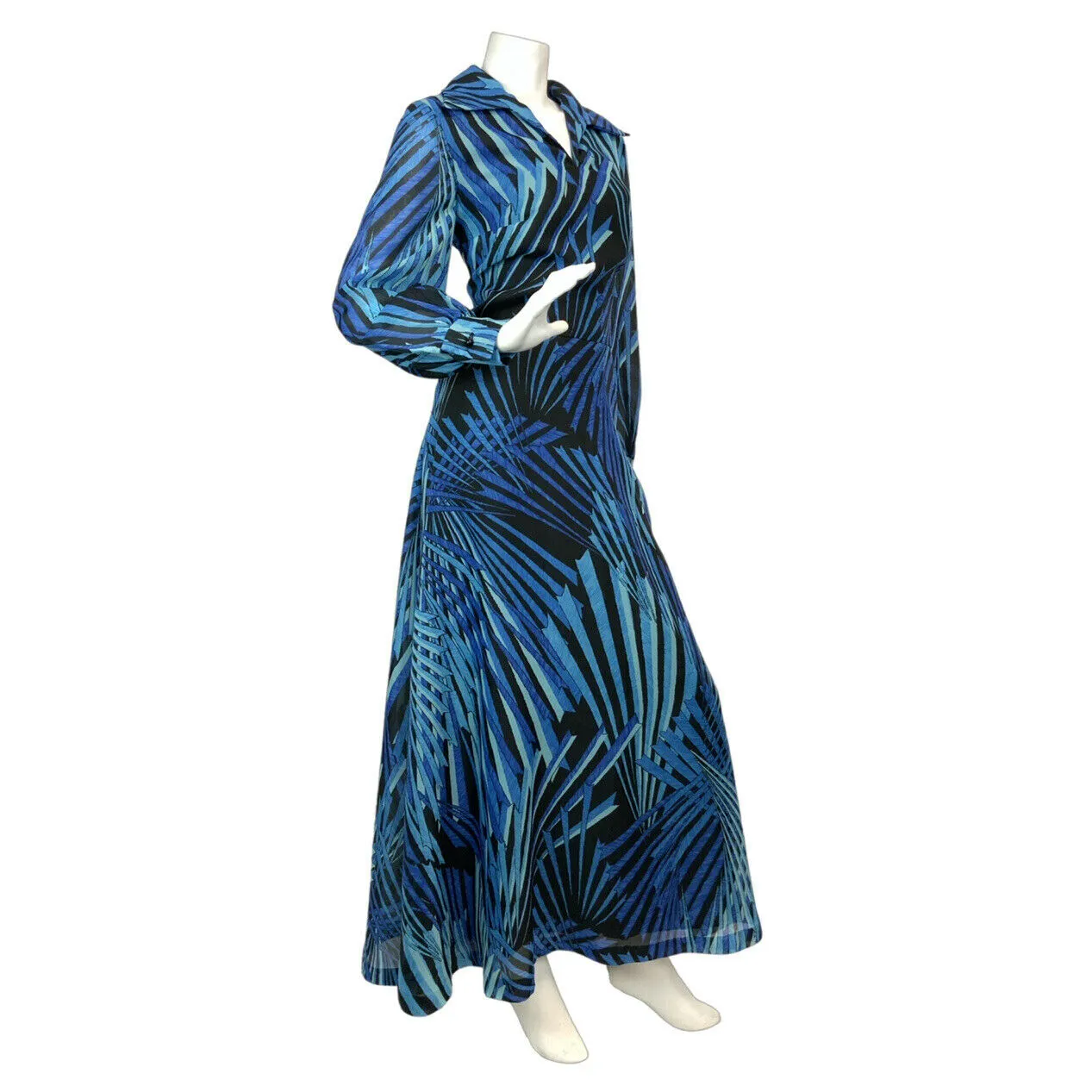 VINTAGE 60s 70s BLUE BLACK GEOMETRIC PALM PSYCHEDELIC SHEER DAGGER MAXI DRESS 14