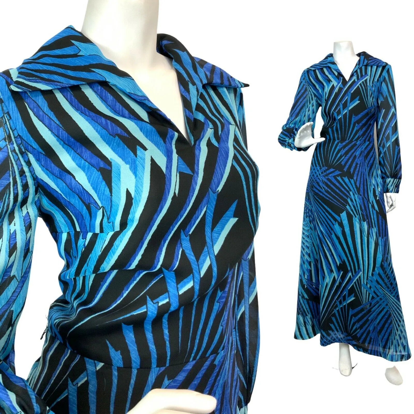 VINTAGE 60s 70s BLUE BLACK GEOMETRIC PALM PSYCHEDELIC SHEER DAGGER MAXI DRESS 14