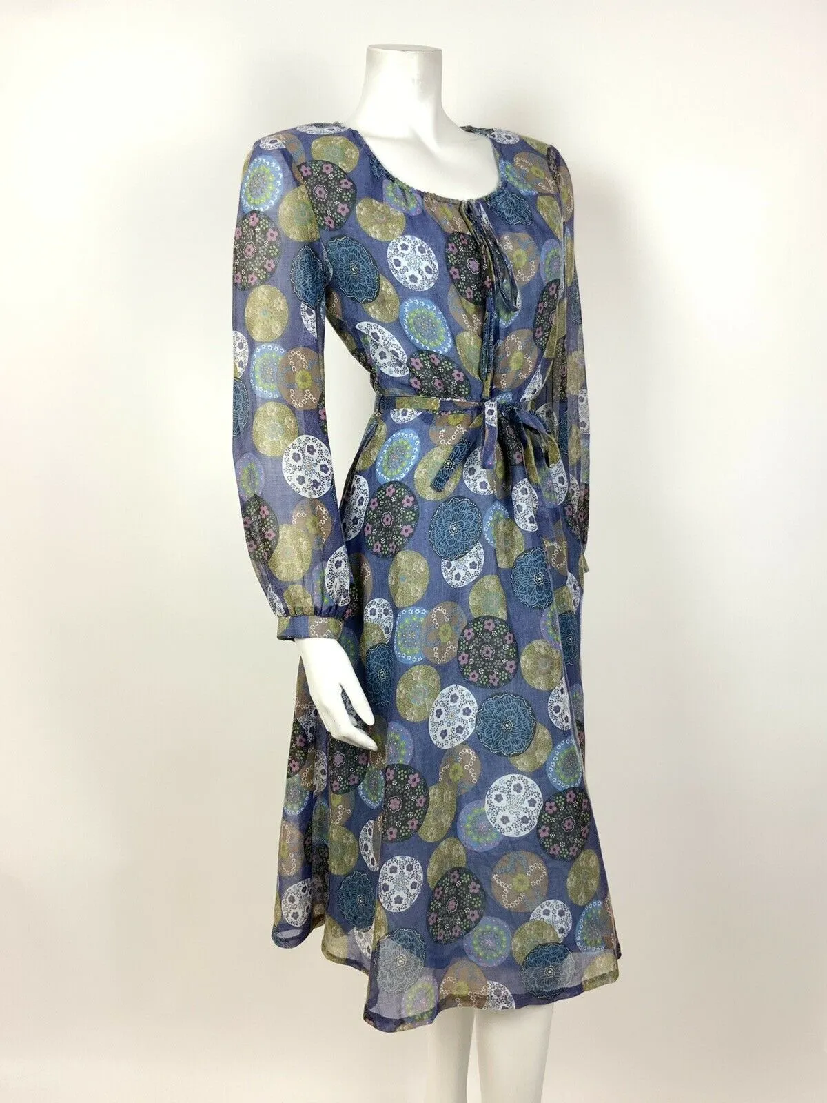 VINTAGE 60s 70s BLUE BROWN BLACK GREEN PINK FLORAL GEOMETRIC SHEER DRESS 8 10