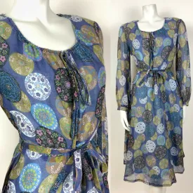 VINTAGE 60s 70s BLUE BROWN BLACK GREEN PINK FLORAL GEOMETRIC SHEER DRESS 8 10