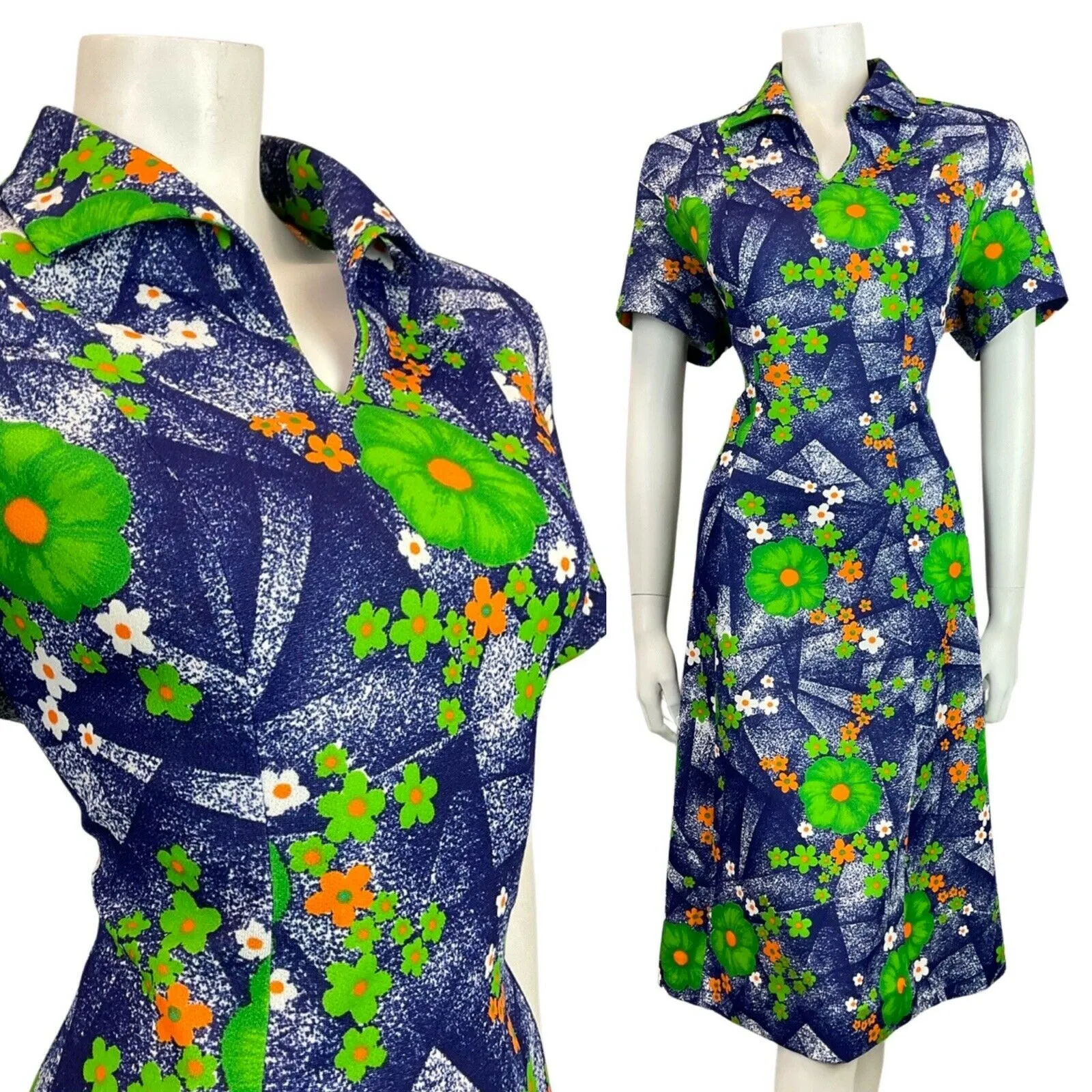 VINTAGE 60s 70s BLUE GREEN ORANGE FLORAL DAISY WING COLLAR MOD SHIRT DRESS 16