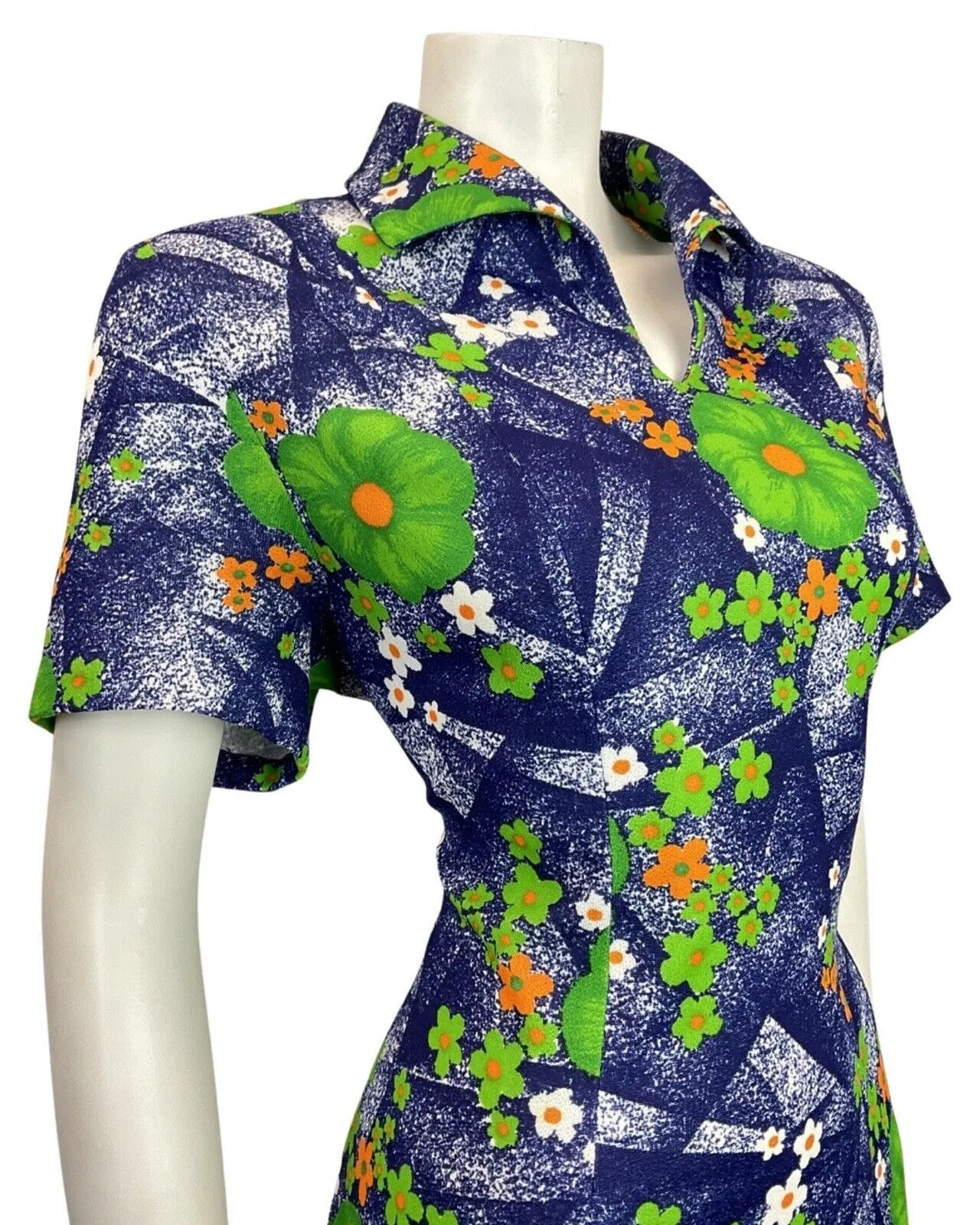 VINTAGE 60s 70s BLUE GREEN ORANGE FLORAL DAISY WING COLLAR MOD SHIRT DRESS 16