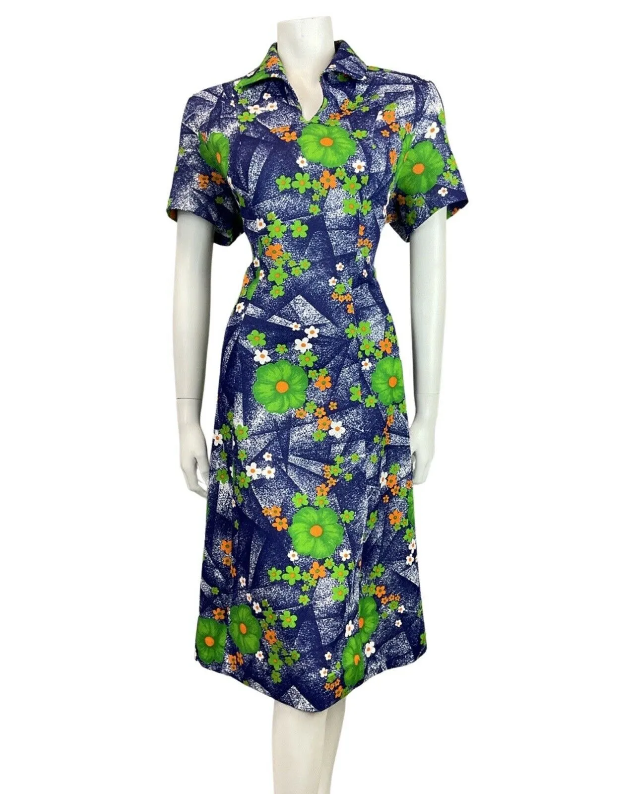 VINTAGE 60s 70s BLUE GREEN ORANGE FLORAL DAISY WING COLLAR MOD SHIRT DRESS 16