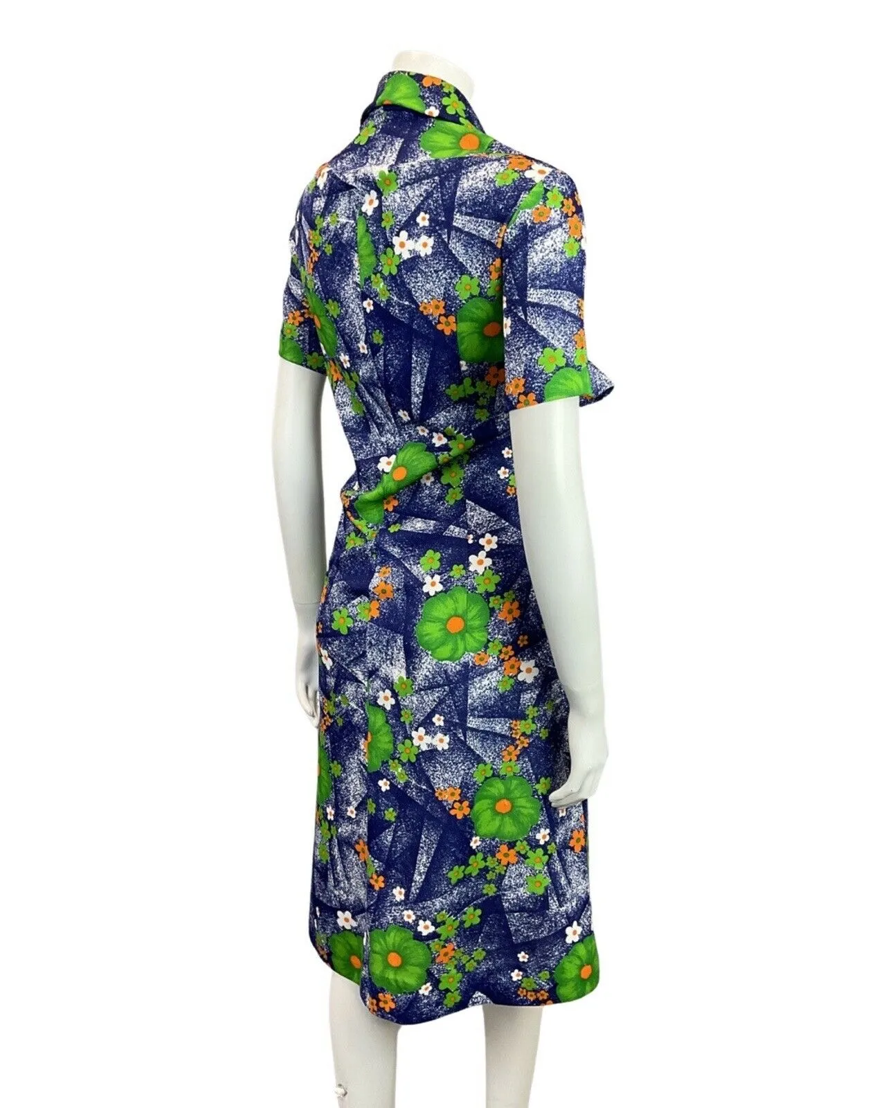 VINTAGE 60s 70s BLUE GREEN ORANGE FLORAL DAISY WING COLLAR MOD SHIRT DRESS 16