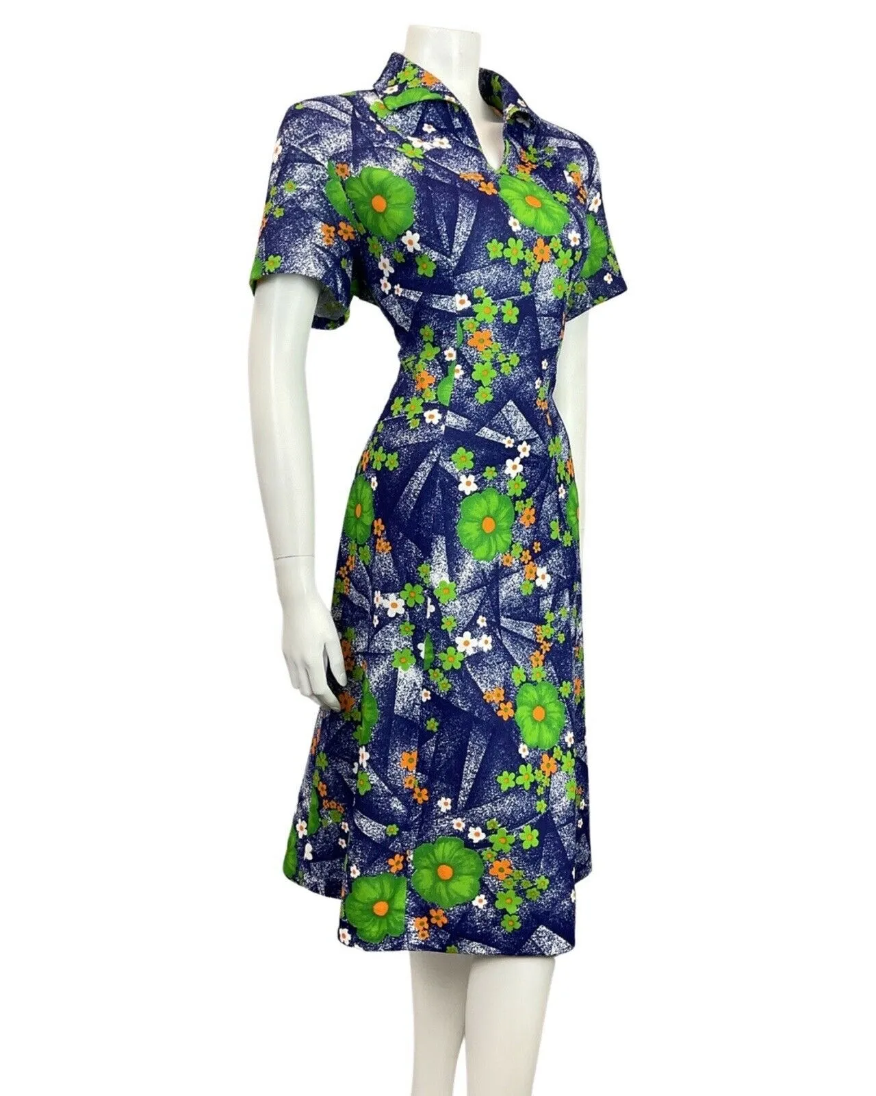 VINTAGE 60s 70s BLUE GREEN ORANGE FLORAL DAISY WING COLLAR MOD SHIRT DRESS 16