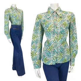 VINTAGE 60s 70s BLUE GREEN WHITE DITSY FLORAL DOG-EAR COLLAR SHIRT BLOUSE 14 16