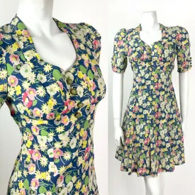 VINTAGE 60s 70s BLUE GREEN WHITE PINK FLORAL LEAFY DITSY TEA DRESS 8