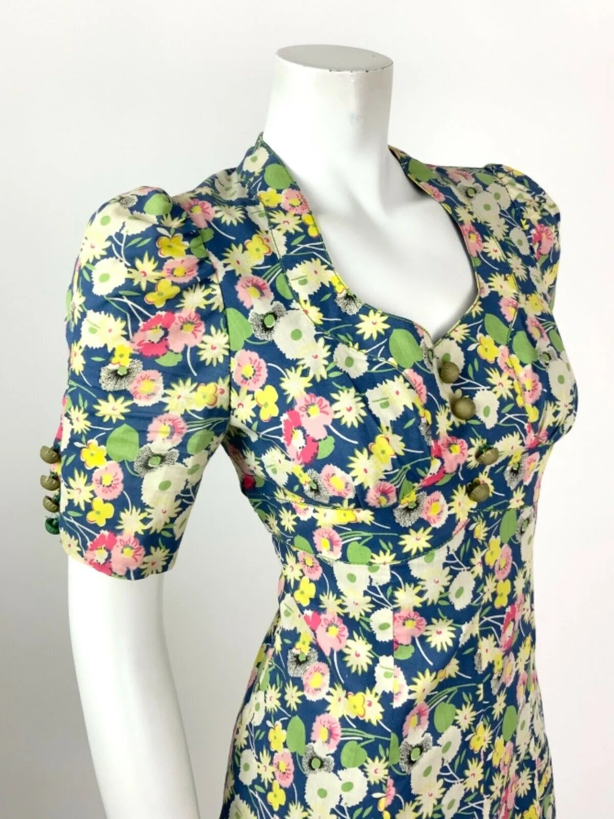 VINTAGE 60s 70s BLUE GREEN WHITE PINK FLORAL LEAFY DITSY TEA DRESS 8