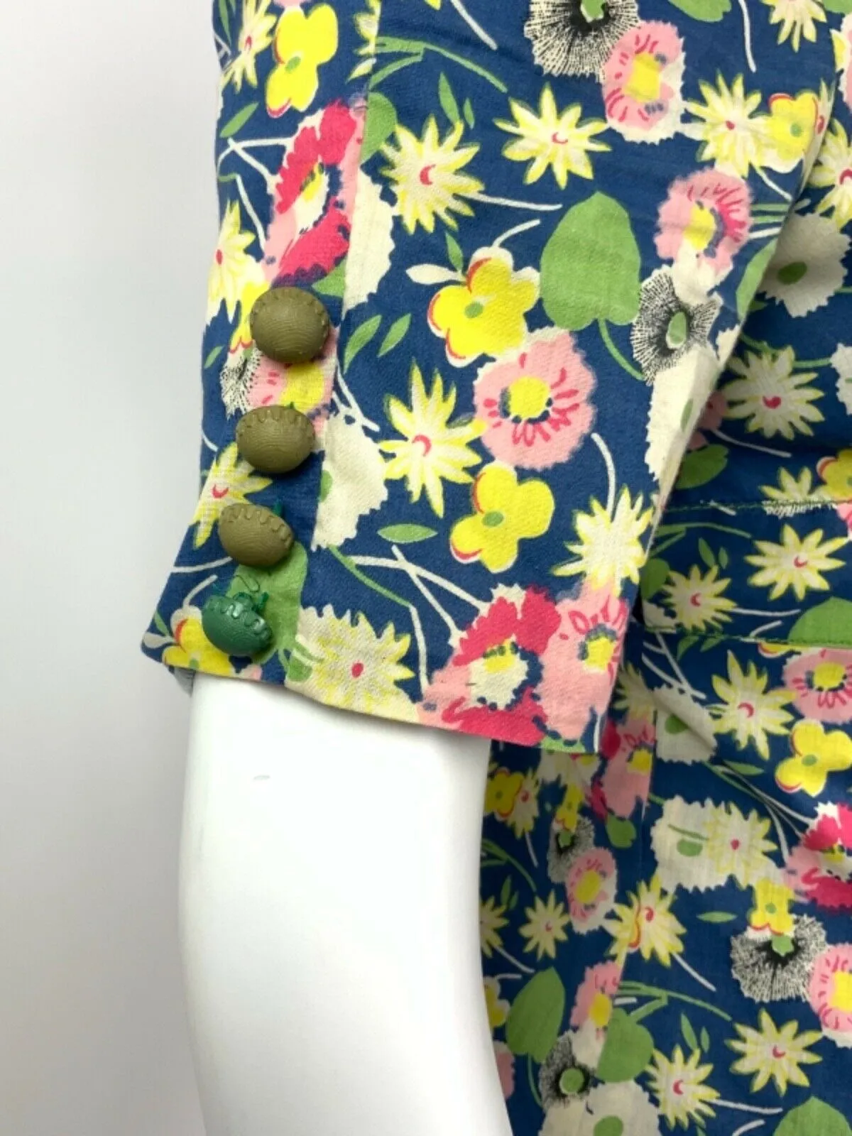 VINTAGE 60s 70s BLUE GREEN WHITE PINK FLORAL LEAFY DITSY TEA DRESS 8