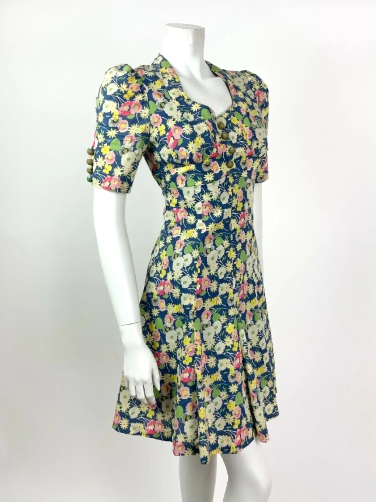 VINTAGE 60s 70s BLUE GREEN WHITE PINK FLORAL LEAFY DITSY TEA DRESS 8