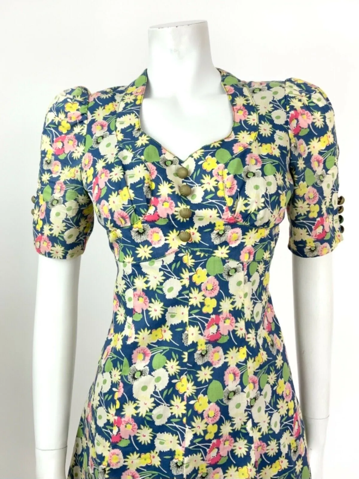 VINTAGE 60s 70s BLUE GREEN WHITE PINK FLORAL LEAFY DITSY TEA DRESS 8