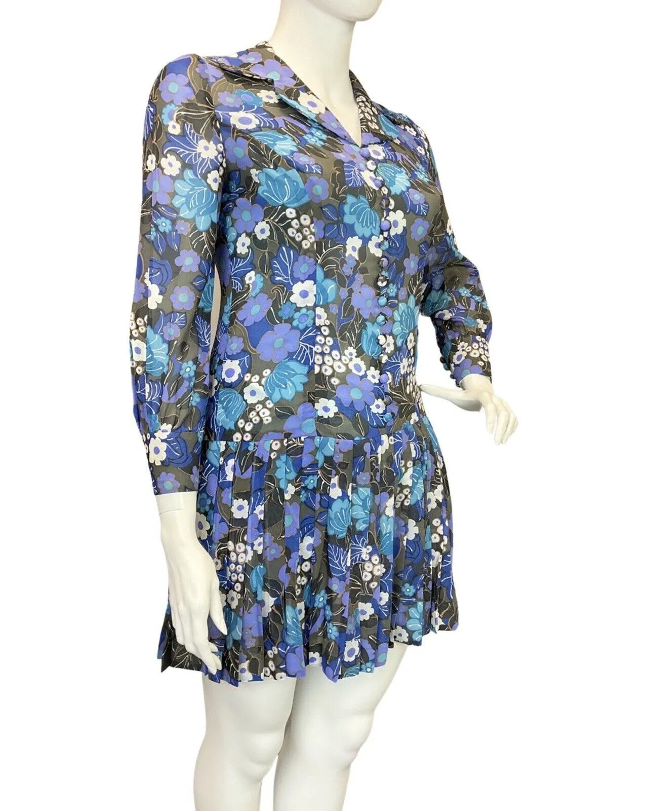 VINTAGE 60s 70s BLUE GREY BLACK FLORAL SHEER PLEATED MOD DROP-WAIST DRESS 14 16