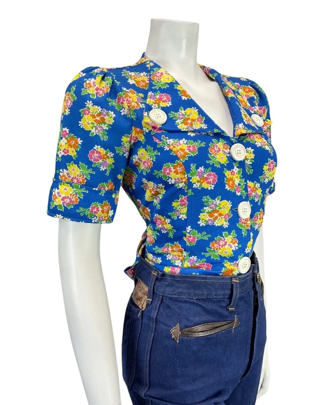 VINTAGE 60s 70s BLUE ORANGE GREEN FLOWER BOUQUET MOD SHIRT BLOUSE 14