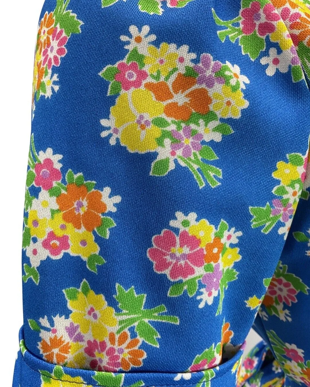 VINTAGE 60s 70s BLUE ORANGE GREEN FLOWER BOUQUET MOD SHIRT BLOUSE 14