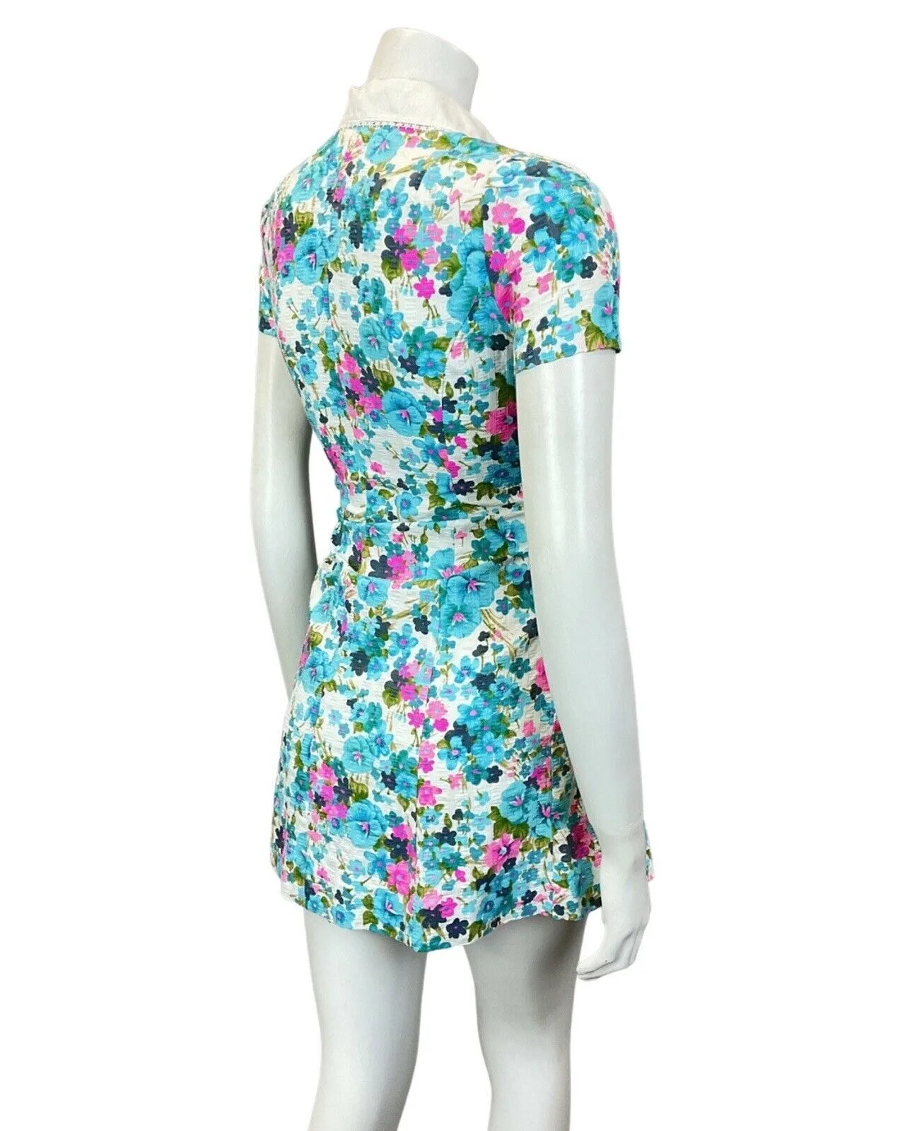 VINTAGE 60s 70s BLUE PINK WHITE FLORAL DITSY WING COLLAR MOD SHORT DRESS 8