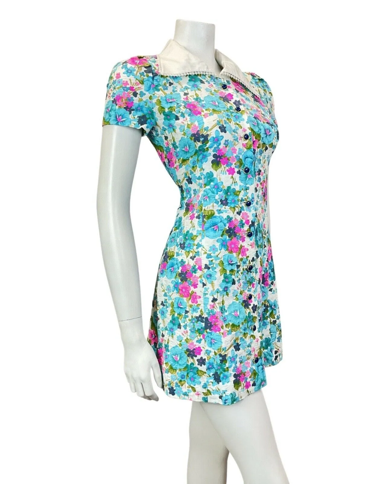 VINTAGE 60s 70s BLUE PINK WHITE FLORAL DITSY WING COLLAR MOD SHORT DRESS 8