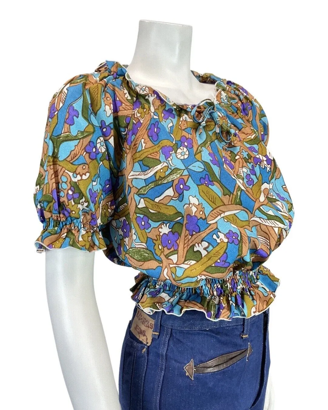 VINTAGE 60s 70s BLUE PURPLE BROWN PSYCEDELIC FLORAL MOD CROPPED BLOUSE TOP 12