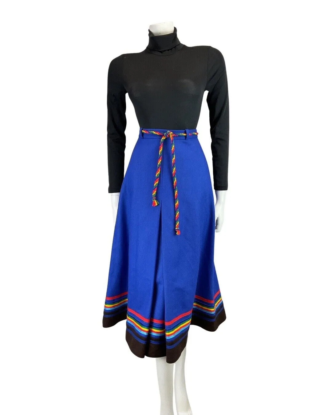 VINTAGE 60s 70s BLUE RAINBOW MOD KNEE-LENGTH WOOL SKIRT 6