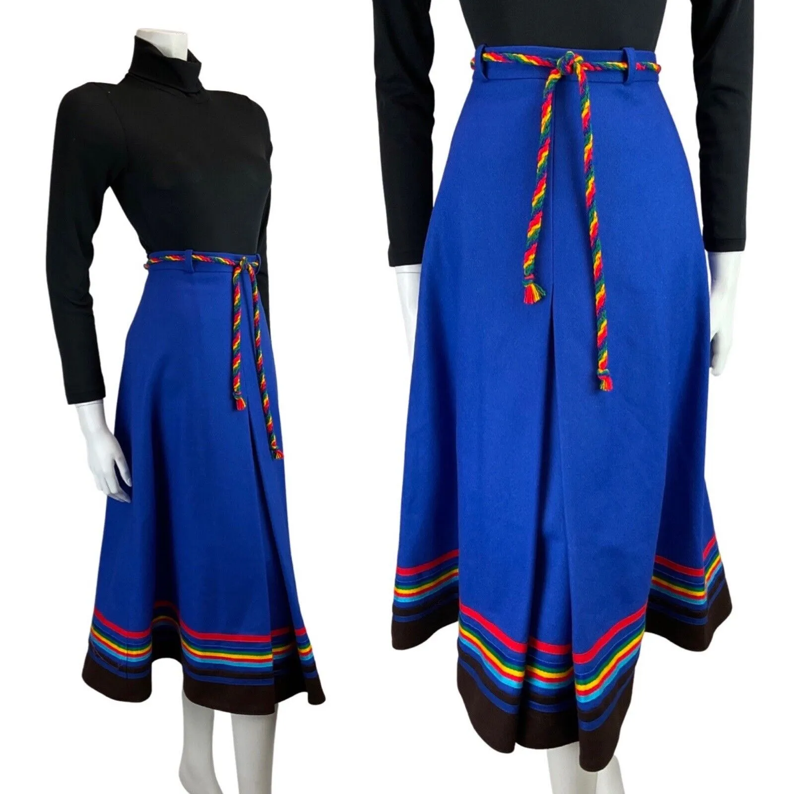 VINTAGE 60s 70s BLUE RAINBOW MOD KNEE-LENGTH WOOL SKIRT 6