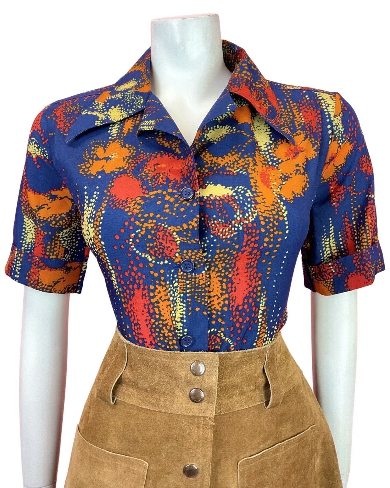 VINTAGE 60s 70s BLUE RED ORANGE PSYCHEDELIC ABSTRACT DOTTY MOD BLOUSE TOP 16