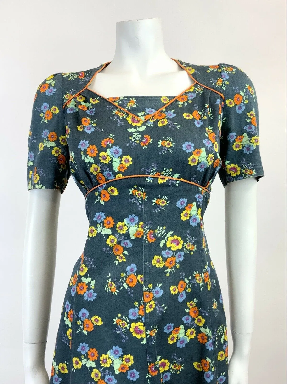 VINTAGE 60s 70s BLUE YELLOW ORANGE FLORAL PRINCESS SWING DRESS 12 14