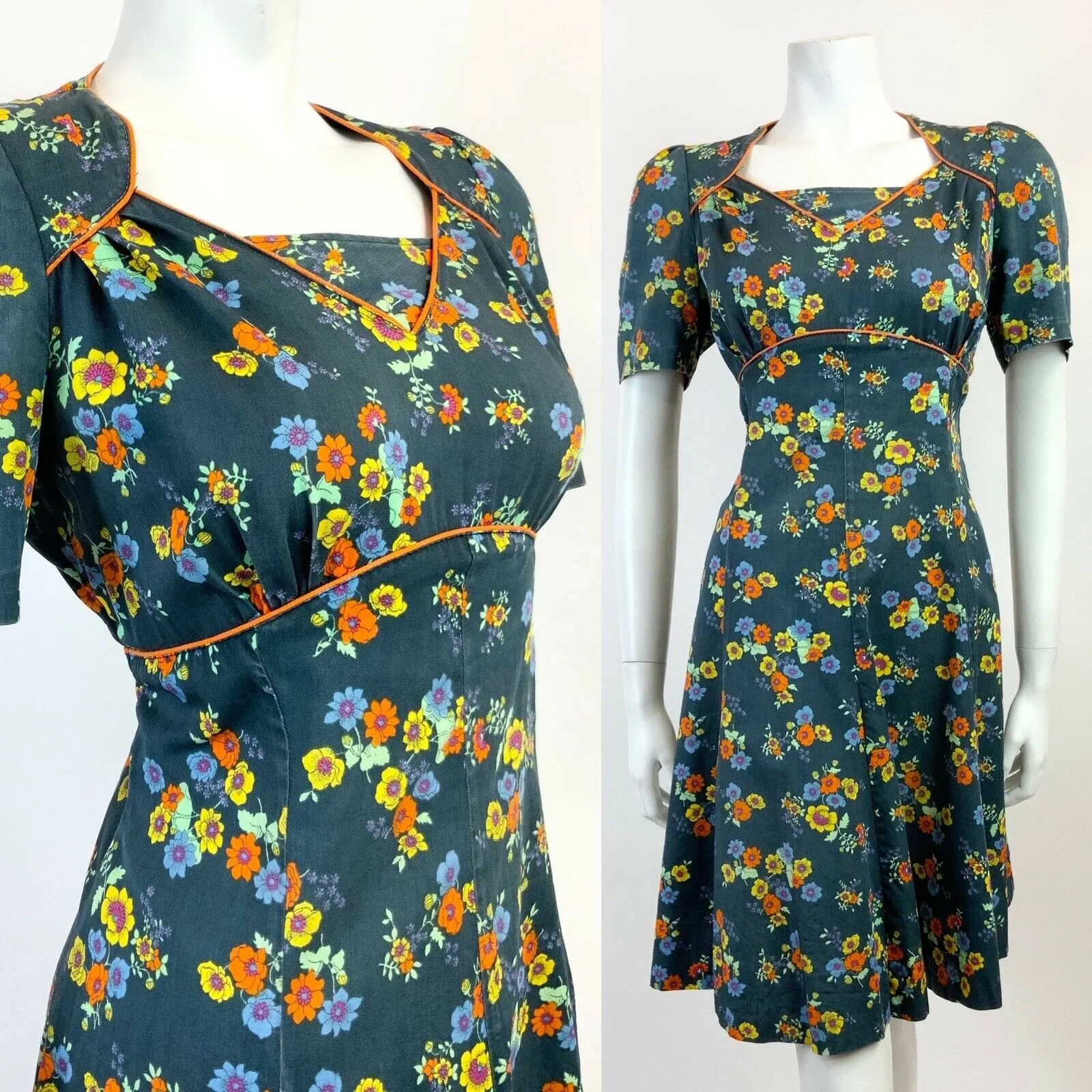 VINTAGE 60s 70s BLUE YELLOW ORANGE FLORAL PRINCESS SWING DRESS 12 14