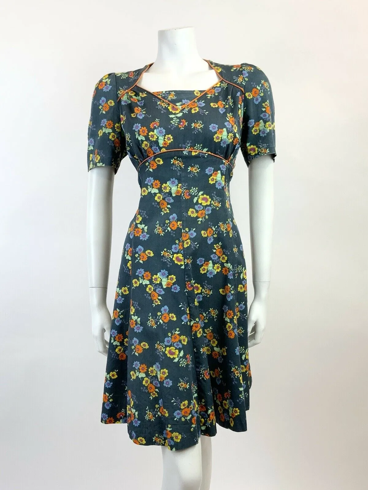 VINTAGE 60s 70s BLUE YELLOW ORANGE FLORAL PRINCESS SWING DRESS 12 14