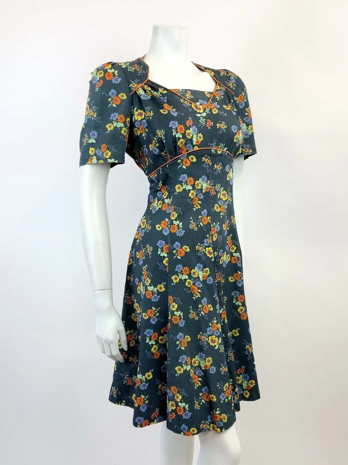 VINTAGE 60s 70s BLUE YELLOW ORANGE FLORAL PRINCESS SWING DRESS 12 14