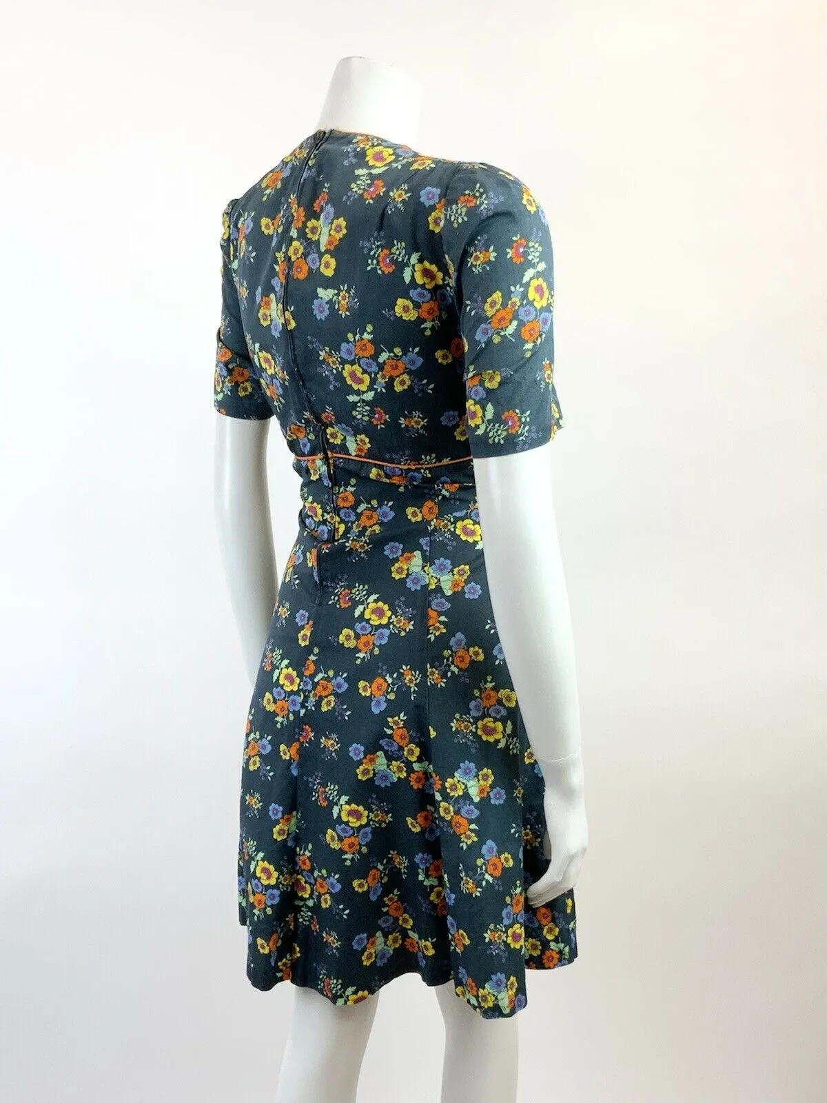 VINTAGE 60s 70s BLUE YELLOW ORANGE FLORAL PRINCESS SWING DRESS 12 14