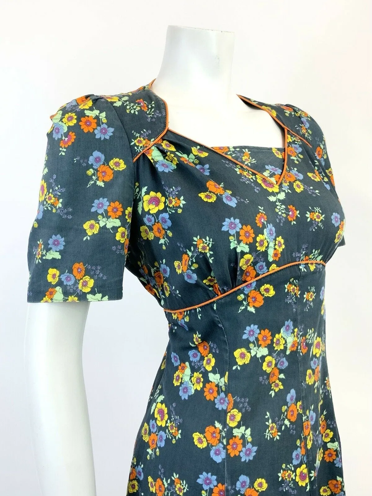 VINTAGE 60s 70s BLUE YELLOW ORANGE FLORAL PRINCESS SWING DRESS 12 14