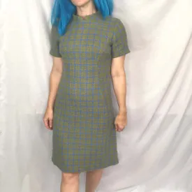 Vintage 60s | MOD A Line Mock Neck Plaid Groovy GoGo Boho Hippie Mini Dress | S