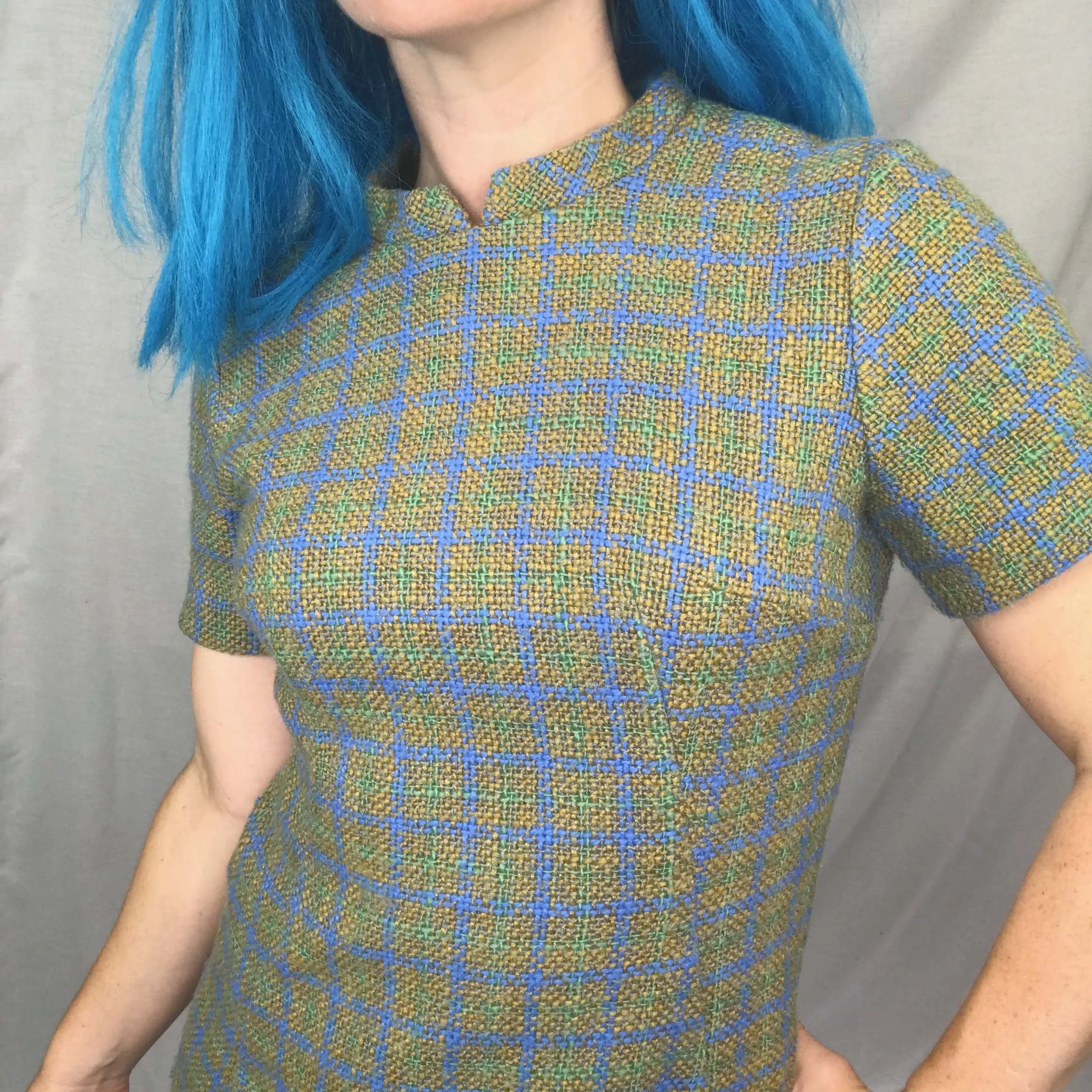 Vintage 60s | MOD A Line Mock Neck Plaid Groovy GoGo Boho Hippie Mini Dress | S