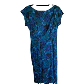 Vintage Blue Floral Capped Sleeved Long Line Dress UK Size 8