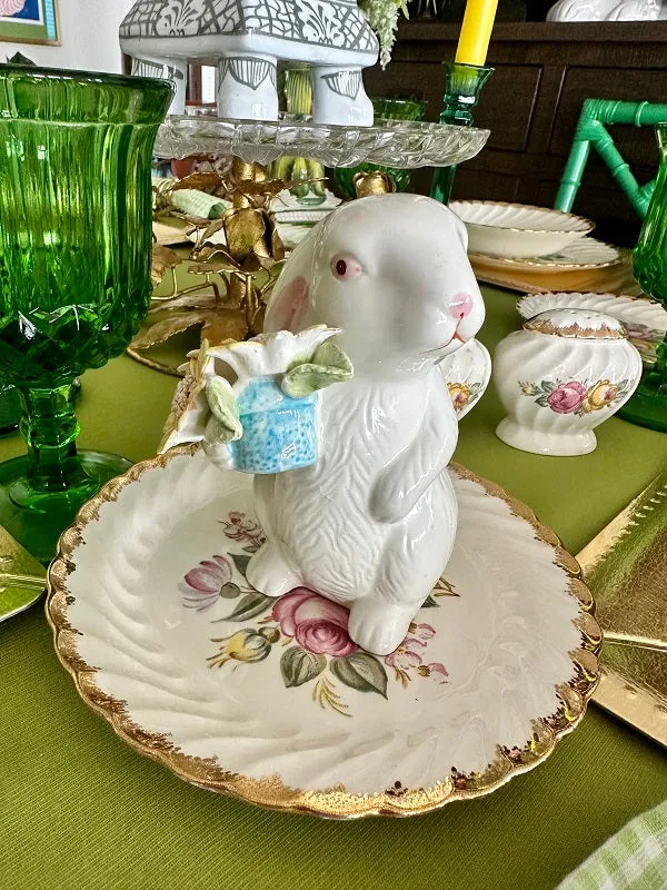 Vintage Bunny Figurine, White with Basket Capodimonte Sunflowers