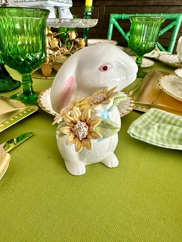 Vintage Bunny Figurine, White with Basket Capodimonte Sunflowers