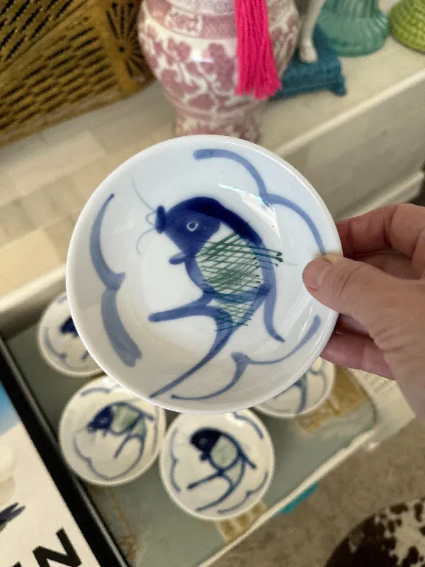 Vintage Dessert Bowls, Blue, White, Green Koi Fish Motif - Set of 6